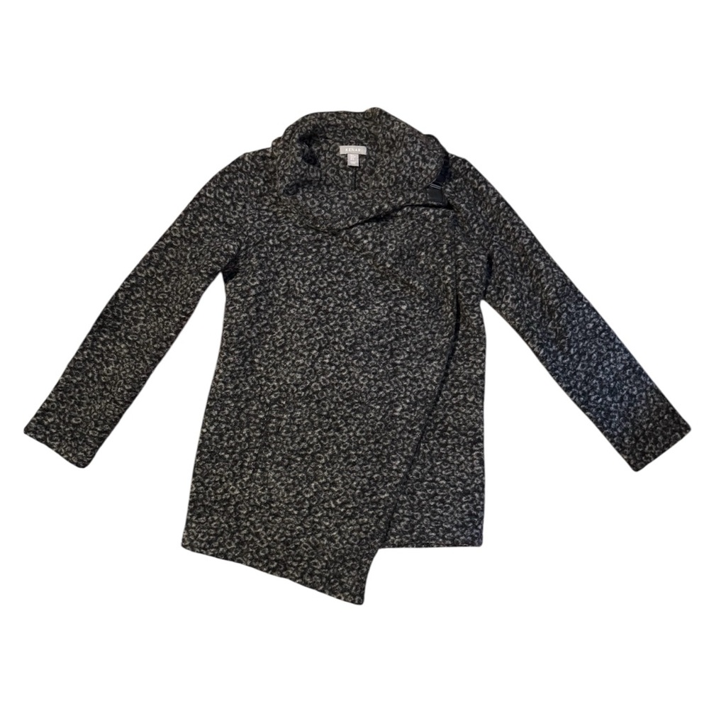 Kenar | Stylish Black and Gray Leopard Print Wool Cross Front Sweater, Small